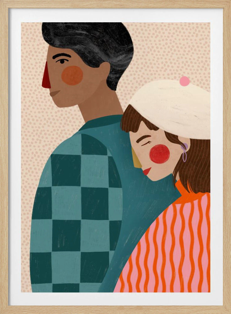A stylized illustration of a couple against a light dotted background. A woman with a white beret rests her head peacefully on the back of a man. The man is shown in profile, wearing a teal checkered shirt, while the woman wears a vibrant orange and pink striped sweater. Wall Art