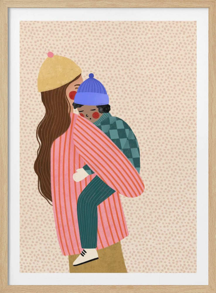 A stylized illustration of a person with long brown hair giving a piggyback ride to a small child. The person wears a yellow hat and a pink and red striped coat. The child, wearing a blue beanie and a blue and green checkered sweater, rests their head on the person's shoulder with their eyes closed. The background is a light beige with a pattern of small brown dots. Wall Art