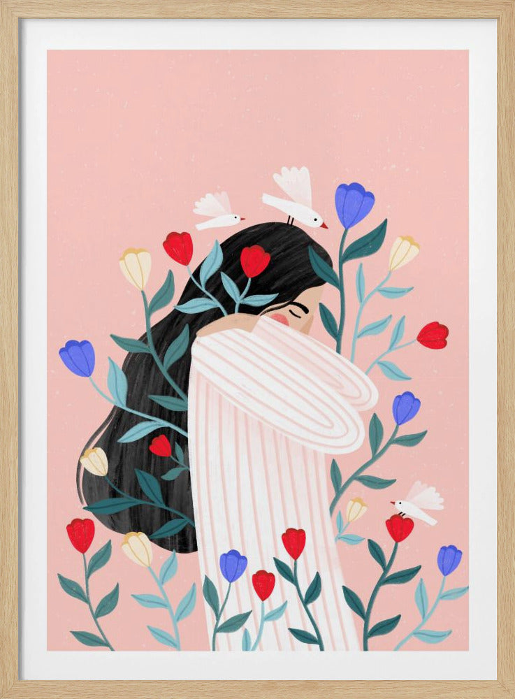 An illustration of a woman with long black hair hugging herself with closed eyes, surrounded by red, blue, and yellow flowers and small white birds against a soft pink background. Poster