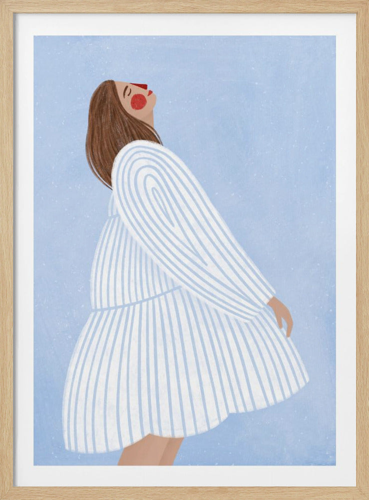 A stylized illustration of a woman in a white and light blue striped dress, viewed from the side. She is looking up with her eyes closed and a peaceful expression, against a textured light blue background. Decor