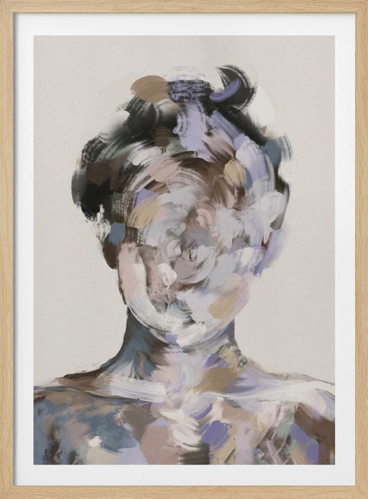 An abstract portrait painting of a person's head and shoulders in a black frame. The figure's face is completely obscured by swirling, circular brushstrokes of muted colors including brown, slate blue, gray, and lavender, against a plain off-white background. Artwork