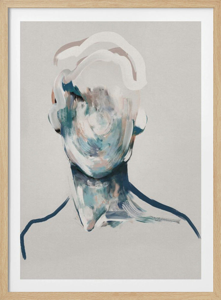 An abstract, painterly portrait of a figure from the shoulders up, set against a light gray background. The face is obscured by dynamic, swirling brushstrokes in shades of blue, teal, white, and muted pink. The hair is suggested with thick, looping strokes of white and beige. The piece is framed in a simple black frame. Print