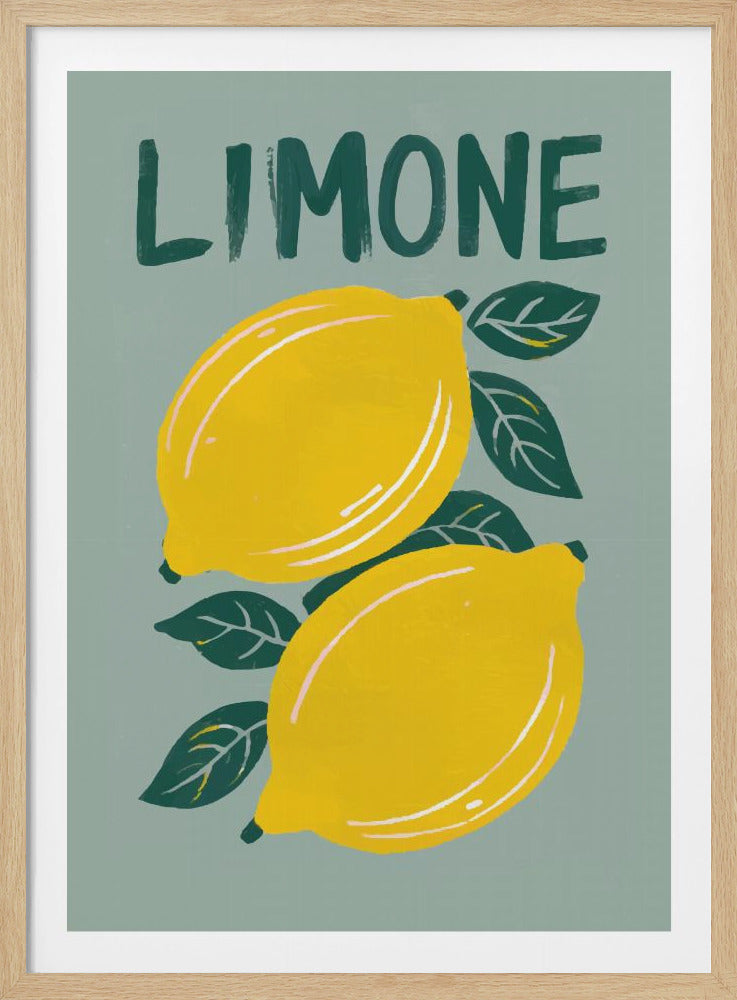 A modern, framed illustration of two bright yellow lemons with dark green leaves set against a muted sage green background. At the top, the word 'LIMONE' is written in a bold, dark green, hand-lettered style. Decor