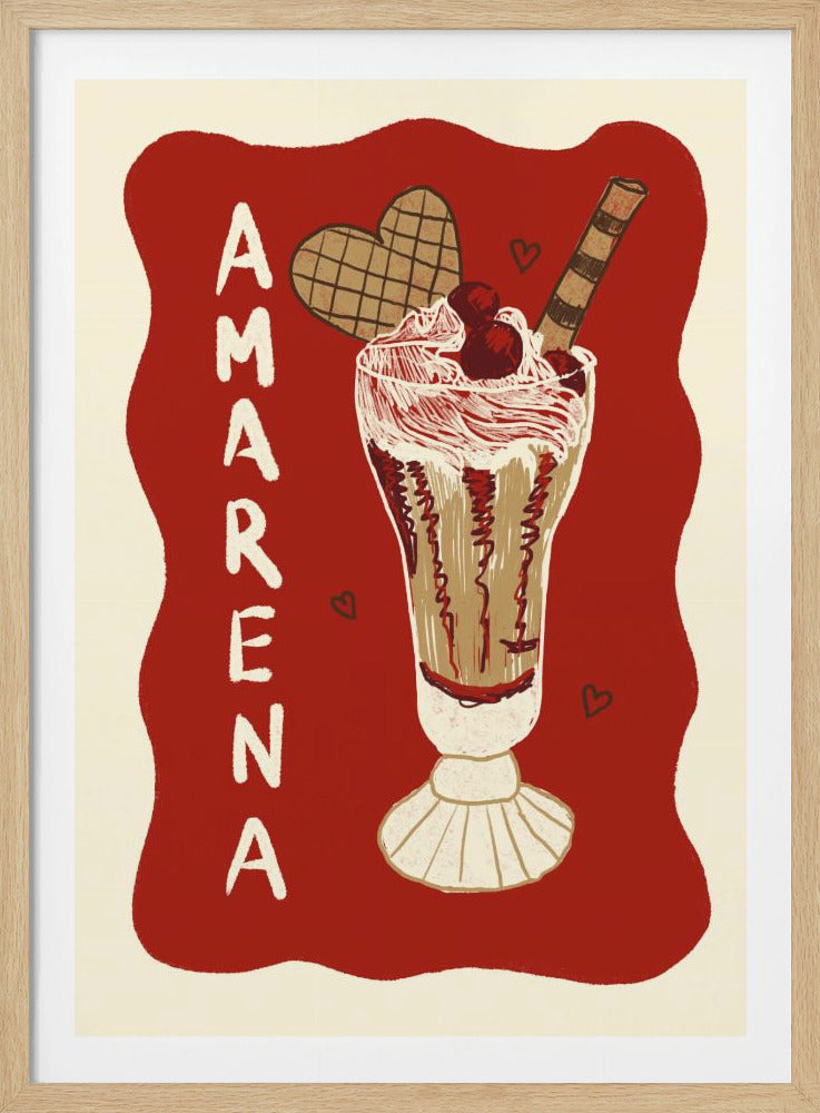 A vintage-style poster illustration of an Amarena cherry ice cream sundae in a tall glass. The background is a bold red shape on a cream-colored canvas. The sundae is topped with whipped cream, dark cherries, a heart-shaped waffle, and a rolled wafer stick. The word 'AMARENA' is written vertically on the left in a stylized font. Wall Art