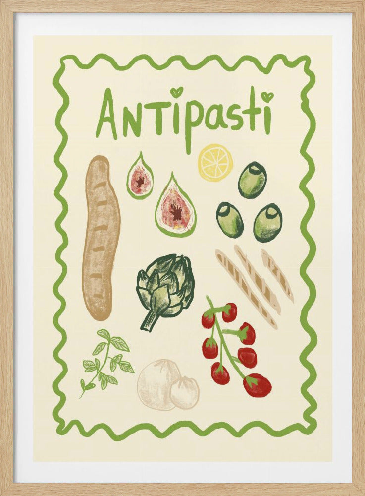 A whimsical, hand-drawn illustration of antipasti ingredients on a cream background. The word 'Antipasti' is written in green at the top. Various foods are depicted, including a baguette, figs, a lemon slice, olives, an artichoke, breadsticks, cherry tomatoes, and fresh herbs, all framed by a wavy green border. Decor