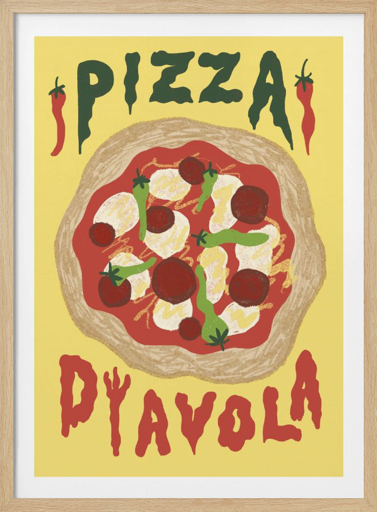 A vintage-style poster advertising 'Pizza Diavola' on a yellow background. The illustration features a rustic pizza with red sauce, pepperoni, mozzarella, and green chili peppers. The text is hand-drawn, with 'PIZZA' at the top and 'DIAVOLA' at the bottom. Decor