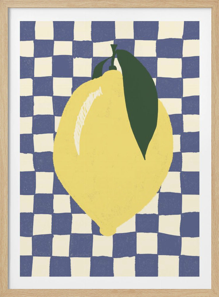 A stylized illustration of a large yellow lemon with a single dark green leaf, centered on a blue and cream checkerboard background. The artwork has a textured, painterly feel and is shown in a black frame. Poster
