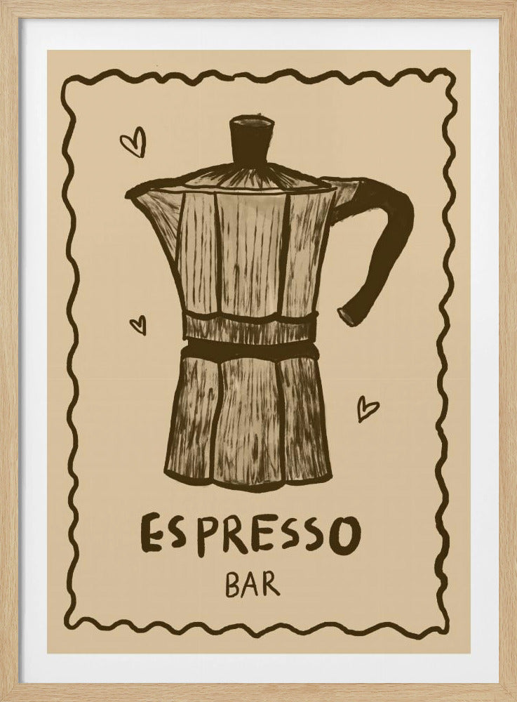 A vintage-style art print featuring a hand-drawn illustration of a moka pot in brown on a beige background. The poster has a decorative wavy border, small hearts around the coffee pot, and text below that reads 'ESPRESSO BAR'. The entire piece is enclosed in a simple black frame. Wall Art