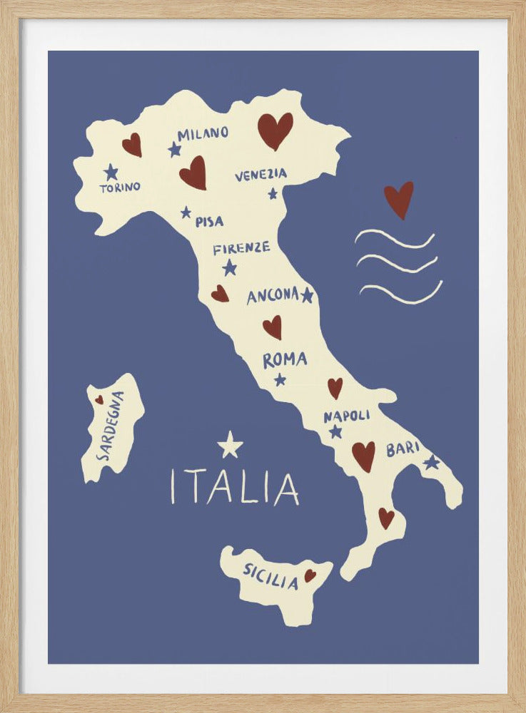 A charming, illustrated map of Italy against a solid blue background. The cream-colored map highlights major cities like Rome, Florence, and Venice with names and stars. Small red hearts are scattered across the country, adding a touch of love. The word 'ITALIA' is written in a simple, hand-drawn style. Print