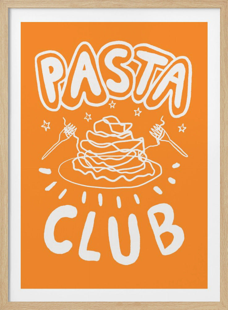 A playful graphic art print with an orange background. It features the words 'PASTA CLUB' in a bubbly white font, with a whimsical line drawing of a plate of spaghetti and two forks in the center. Decor