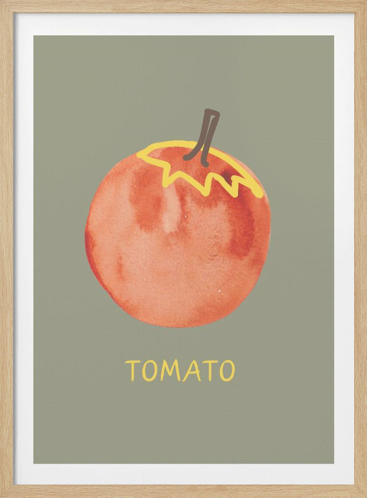 A framed art print featuring a watercolor illustration of a single red tomato. The tomato has a yellow stylized leaf crown and a brown stem, set against a solid sage green background. Below the tomato, the word 'TOMATO' is printed in a simple yellow font. Print