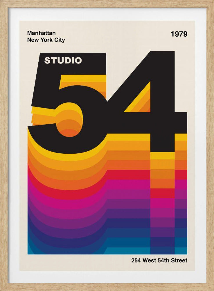 A retro graphic design poster for Studio 54 dated 1979. The design features the large black number '54' with the word 'STUDIO' inside the '5'. A colorful, wavy gradient from yellow to blue extends downwards, creating a vibrant 3D effect against an off-white background. Artwork