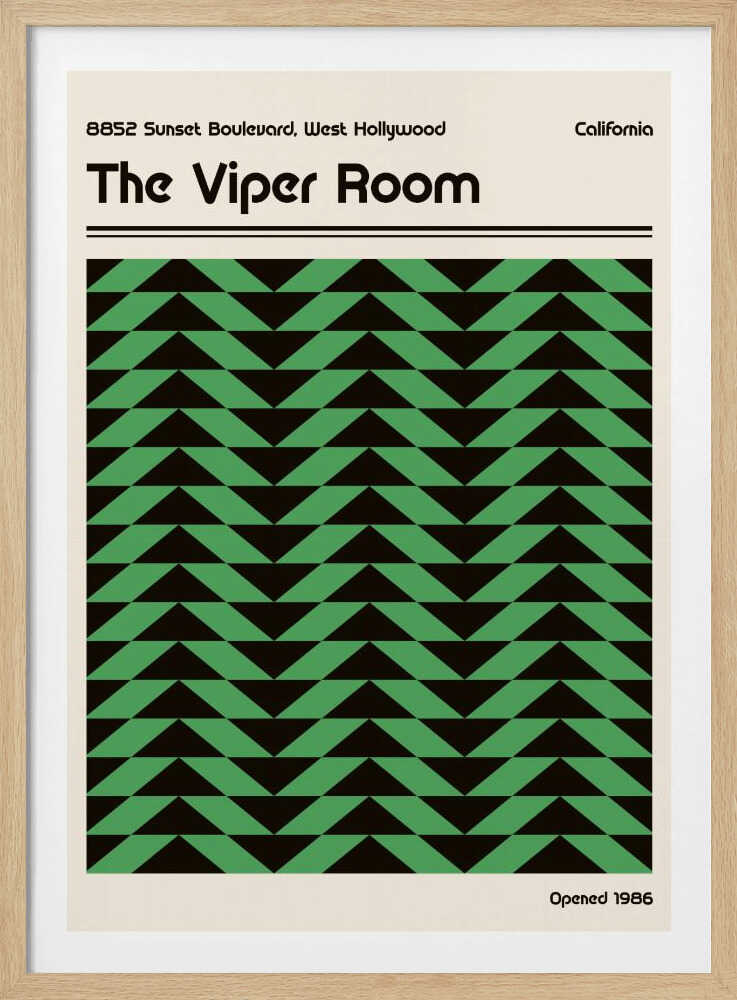 Vintage-style poster for The Viper Room in California, featuring a bold green and black geometric chevron pattern.