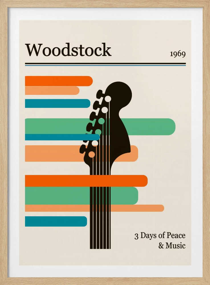 A minimalist retro-style poster for the 1969 Woodstock festival. It features a black silhouette of a guitar neck against horizontal stripes of orange, green, and blue on an off-white background. The text 'Woodstock 1969' is at the top, and '3 Days of Peace & Music' is at the bottom. Artwork