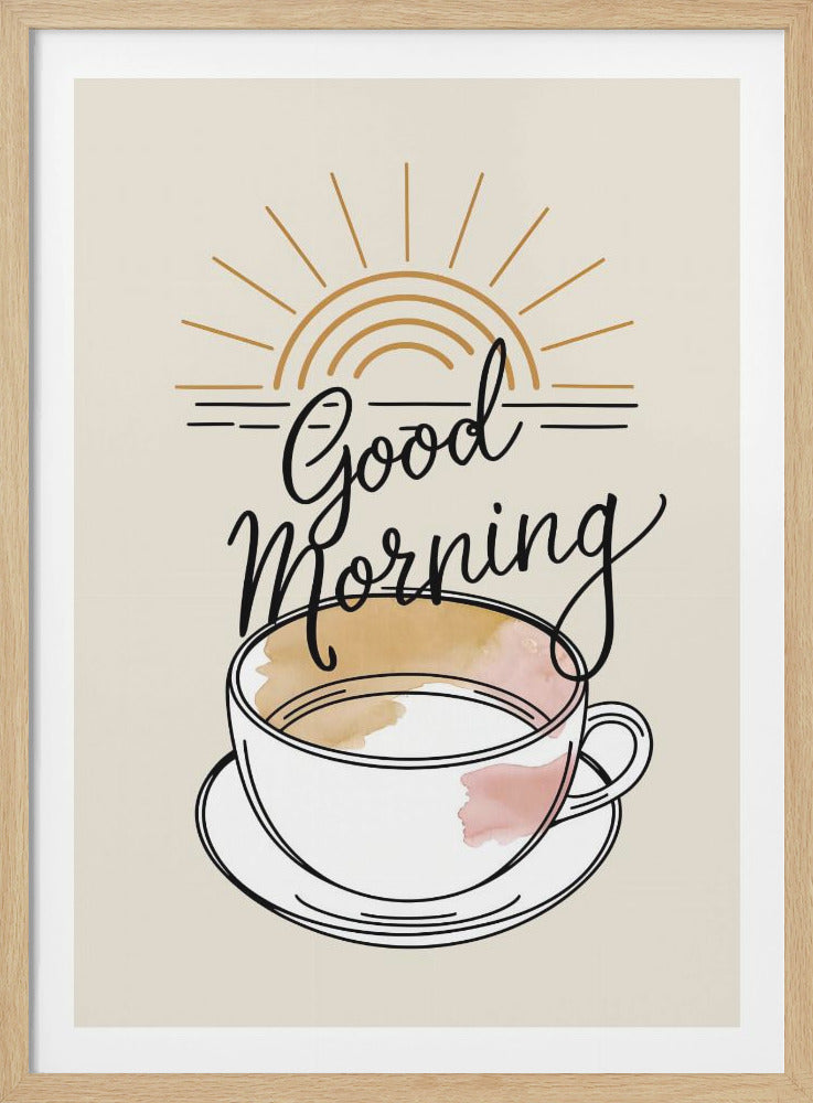 A minimalist art print with a beige background featuring the words 'Good Morning' in black script. Below the text is a line drawing of a coffee cup, and above is a stylized golden-brown rising sun. Decor