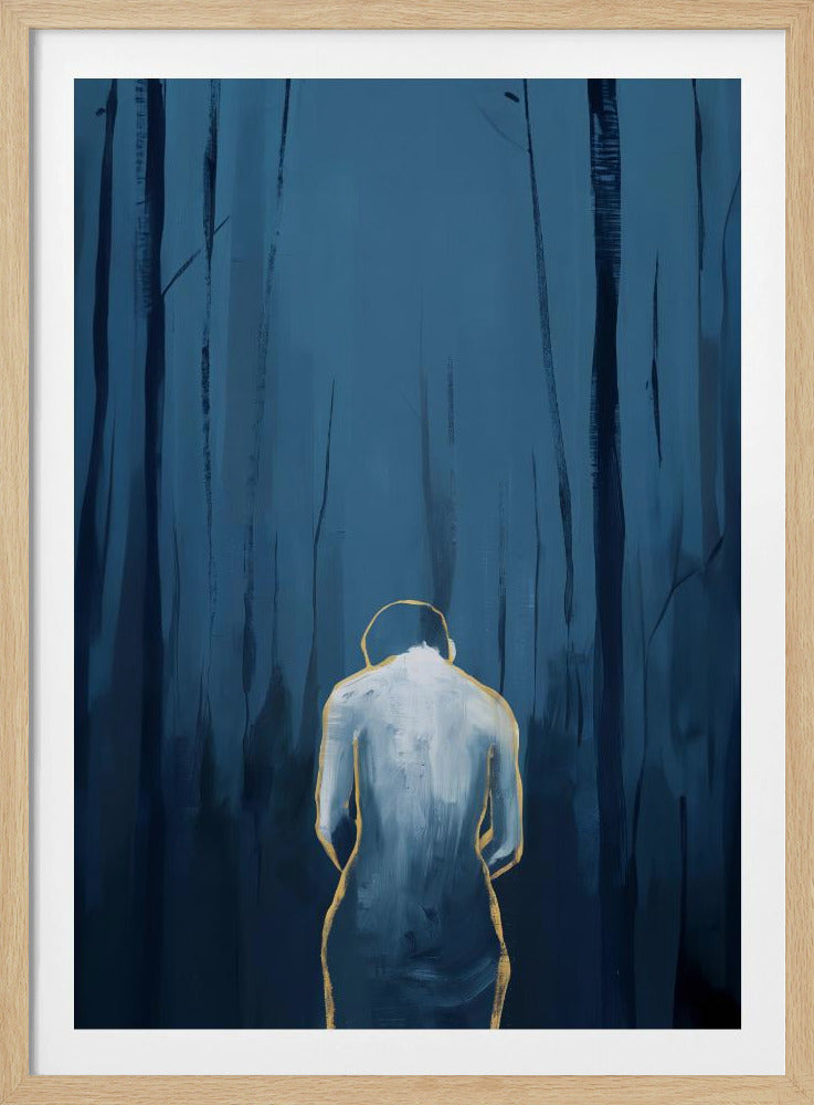 A vertical abstract painting depicting a figure from behind, outlined in gold and filled with white brushstrokes, standing in a dark, moody forest of deep blue and black tree trunks. Print