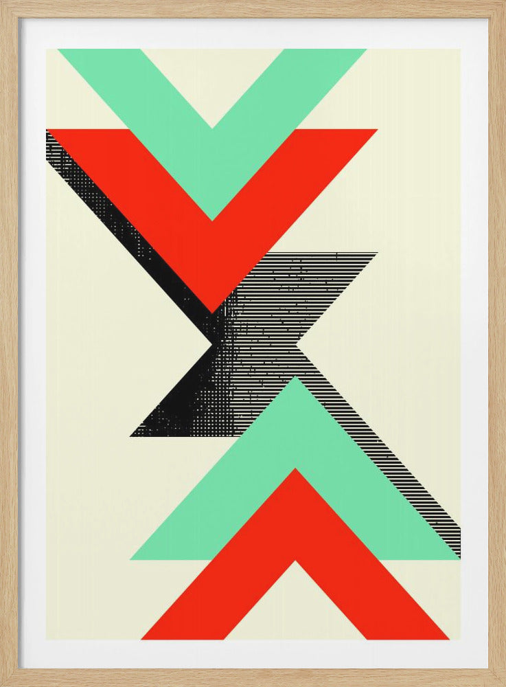 A framed abstract art print with a symmetrical geometric design on a cream background. The design features a large hourglass shape created by two opposing chevrons. The top chevron is mint green over red pointing down, and the bottom is mint green over red pointing up. In the center, a black shape with line and halftone textures connects the two halves. Wall Art