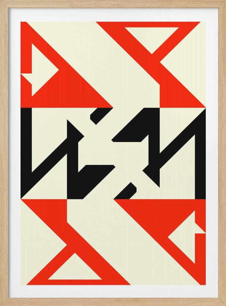 A framed abstract geometric artwork with a bold design. On a cream background, there are interlocking shapes in bright red and solid black. The top and bottom thirds feature large red shapes resembling stylized letters, while the middle third contains more complex, jagged black forms, creating a dynamic and symmetrical composition. Decor