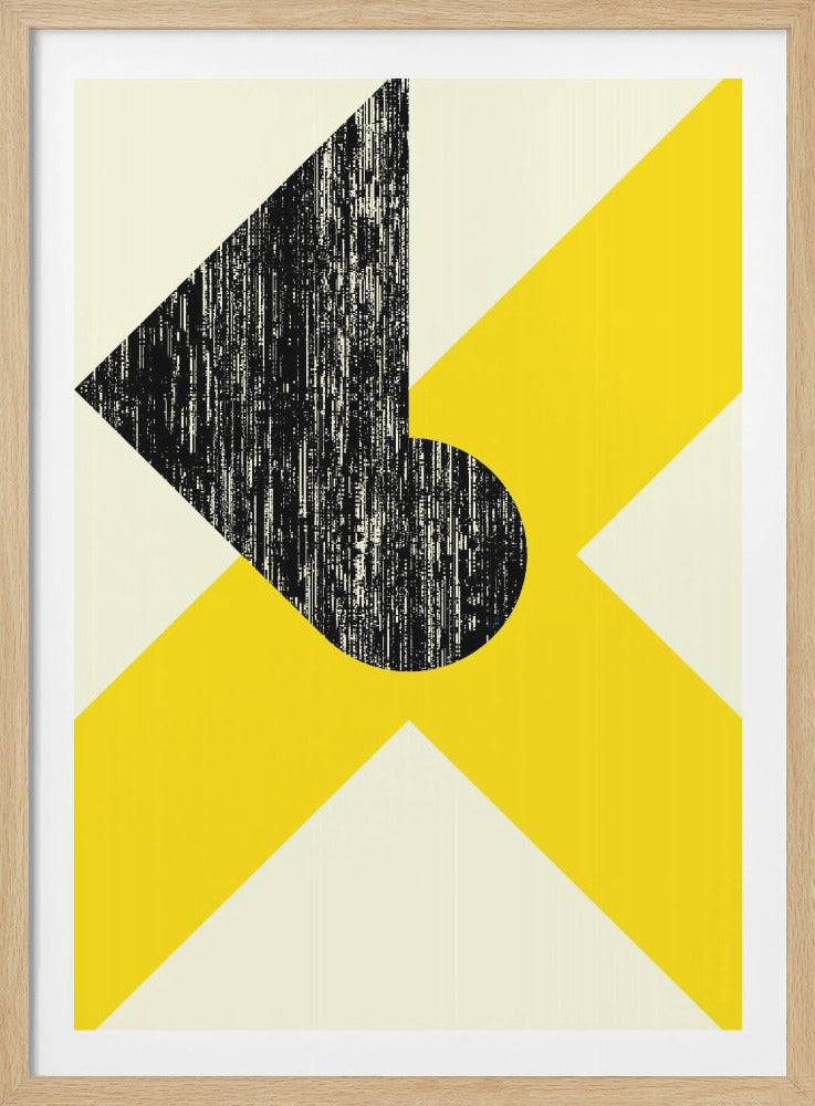 A framed abstract art piece with a bold yellow 'X' shape on a cream-colored background. Overlaid on the top-left is a distressed, textured black shape that combines a triangle and a semicircle to form a left-pointing arrow. Wall Art