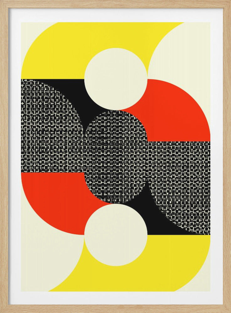 A modern abstract artwork in a black frame, featuring a composition of oversized geometric shapes. Large arcs of yellow and red intersect with off-white circles and a central band filled with a black and white woven or crosshatch pattern. The background consists of solid off-white and black sections, creating a bold, graphic contrast. Print