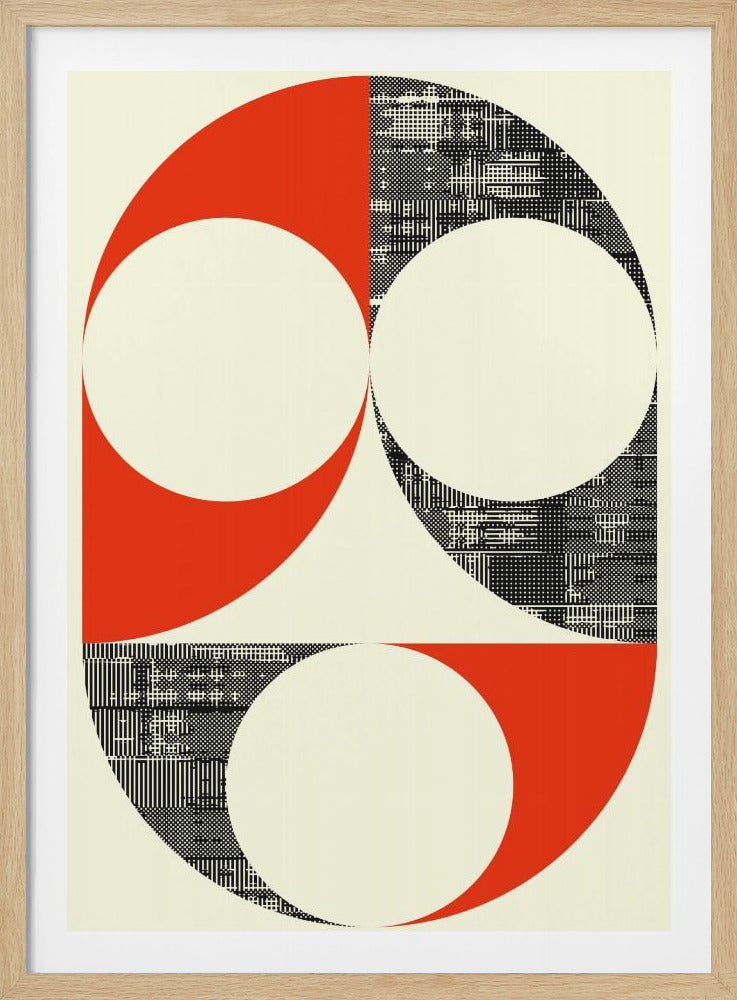 A framed abstract art piece with a cream background. The central design is a large circle divided vertically into a solid red-orange half on the left and a half with a complex black and white pixelated pattern on the right. Three large cream circles are overlaid, two at the top and one at the bottom, creating a symmetrical, mask-like composition. Wall Art