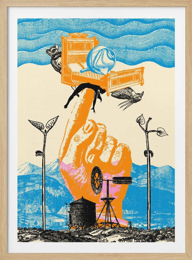 A surreal, vintage-style collage print featuring a giant orange hand at its center. A small black silhouette of a person drapes over the index finger, below a floating orange bed. The background consists of blue wavy lines and mountains. In the foreground is a black and white scene with a windmill and a water tower. Decor