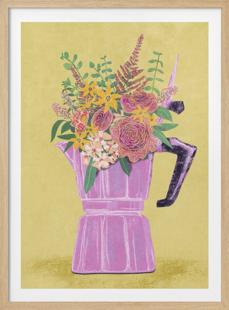 A whimsical illustration of a vibrant pink Moka pot serving as a vase for a lush bouquet of flowers against a muted yellow background. The bouquet is filled with pink roses, yellow daisies, and various greenery, with a small, whimsical unicorn horn peeking out from the arrangement. Decor