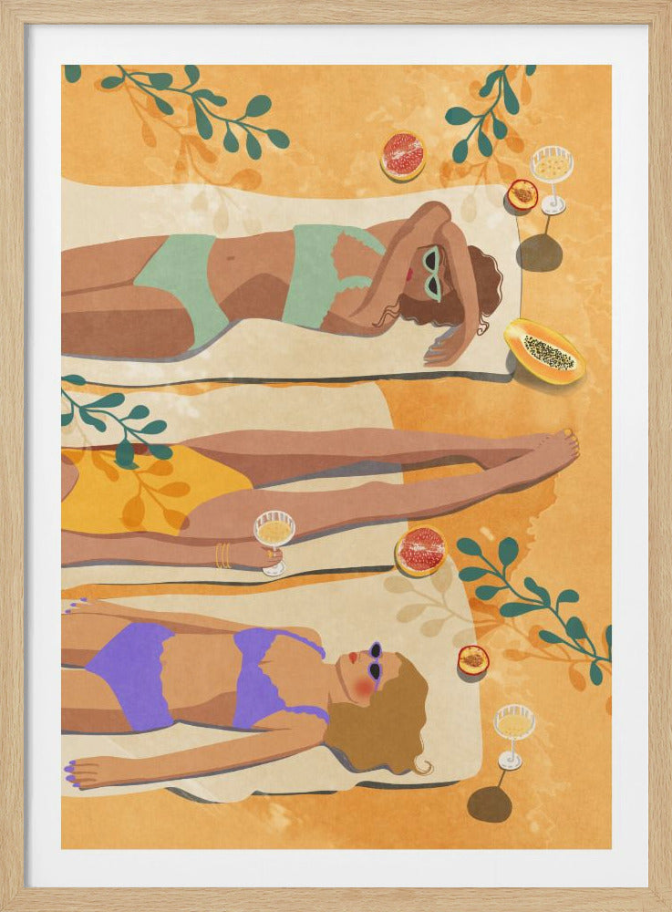 A top-down illustration of three women in colorful bikinis sunbathing on beach towels. They are relaxing on an orange sandy background, surrounded by sliced tropical fruits, glasses of bubbly drinks, and the shadows of green leaves. Wall Art