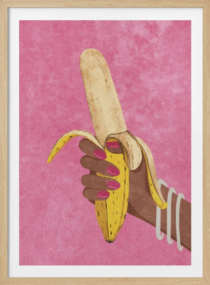 A pop art style illustration of a dark-skinned hand with bright pink fingernails holding a partially peeled yellow banana against a textured pink background. The wrist is adorned with white bracelets. Decor
