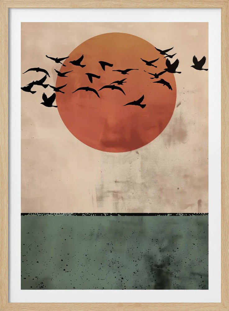 A modern art print featuring a large, textured orange-red sun against a distressed beige sky. A flock of black bird silhouettes flies across the sun. The bottom third of the image is a textured dark green panel, suggesting a minimalist landscape. The artwork is enclosed in a thin black frame. Decor