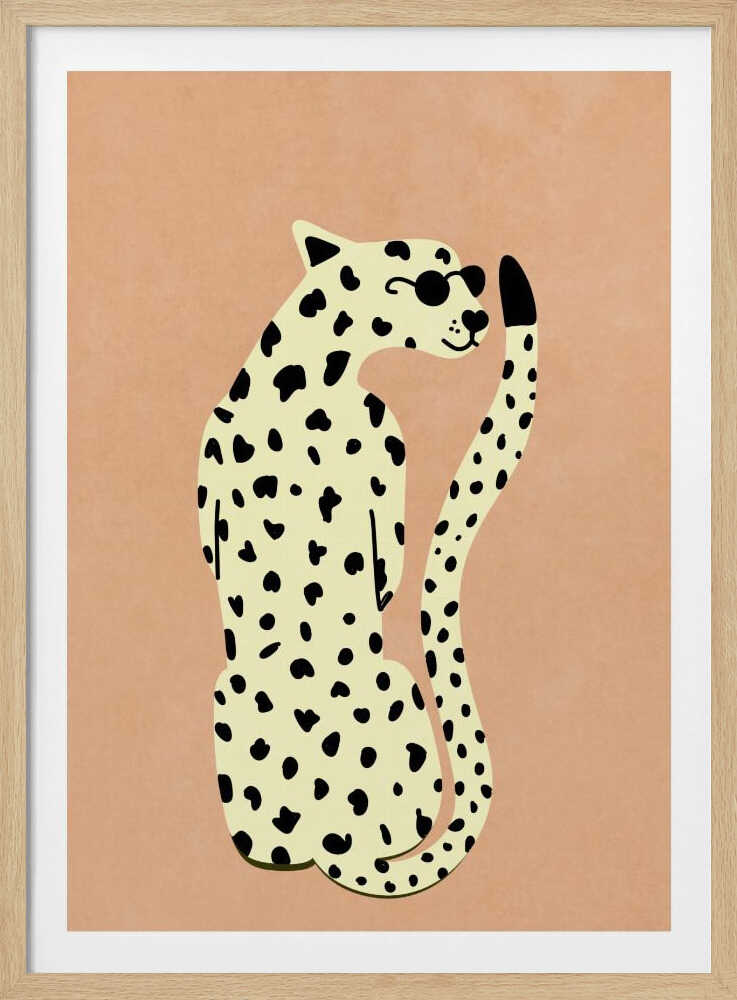 A minimalist illustration of a seated leopard against a solid peach-colored background, enclosed in a black frame. The leopard is cream-colored with black spots, wearing round black sunglasses, and has a slight smile. Poster