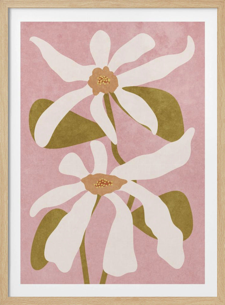 A modern illustration of two large, stylized white flowers with long petals set against a textured dusty pink background, accented with olive green leaves. Poster