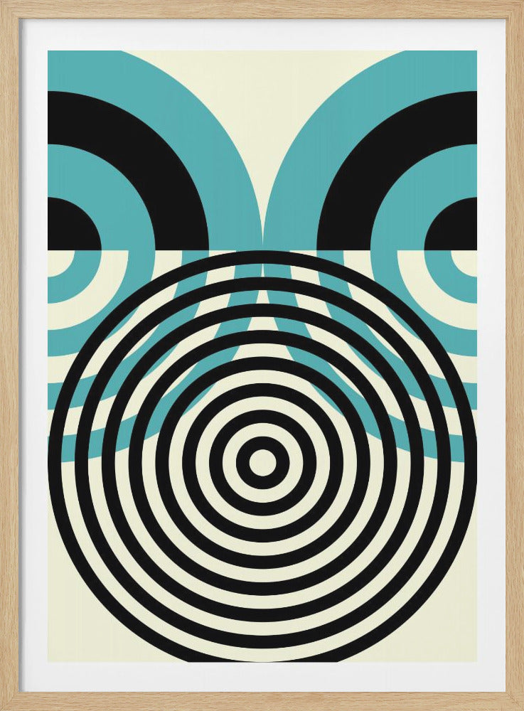 An abstract geometric art piece featuring a prominent set of black and cream concentric circles in the lower half. The upper half displays a symmetrical pattern of large teal and black arcs against a cream background. The overall composition has a retro, op-art feel and is enclosed in a simple black frame. Print