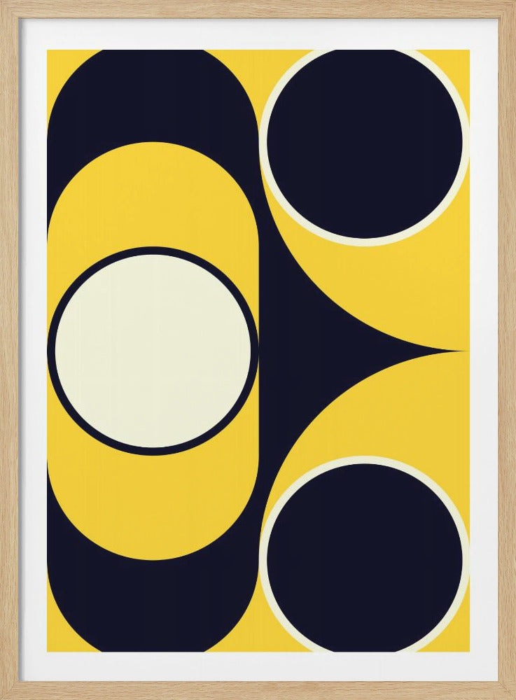 A framed abstract art piece with a bold geometric pattern. The design features interlocking circles and curves in a vibrant yellow, deep navy blue, and cream color palette, creating a retro, mid-century modern feel. Artwork