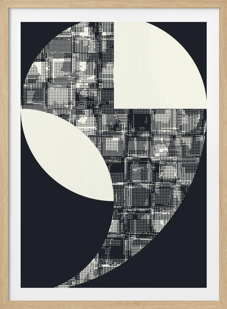 A high-contrast abstract artwork featuring a large shape, similar to a comma or the number nine, set against a solid dark gray background. The shape is filled with a complex, pixelated pattern of black and off-white lines and squares, creating a texture reminiscent of digital static or a circuit board. Two solid off-white shapes, a quarter-circle and a leaf-like oval, are cut out from this pattern, adding a layer of minimalist geometry. Wall Art