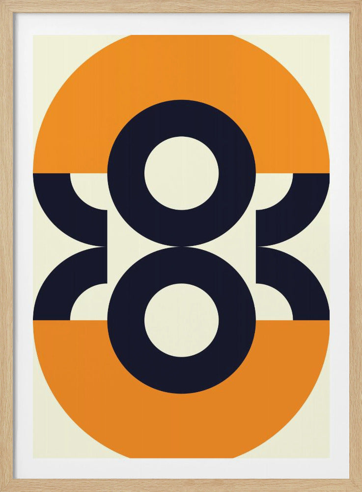A framed abstract geometric art print featuring a symmetrical design. A large orange circle is bisected by a central horizontal cream stripe. Overlaid are two large navy blue rings, stacked vertically, creating an hourglass or number 8 shape that interlocks with the orange and cream sections. Wall Art