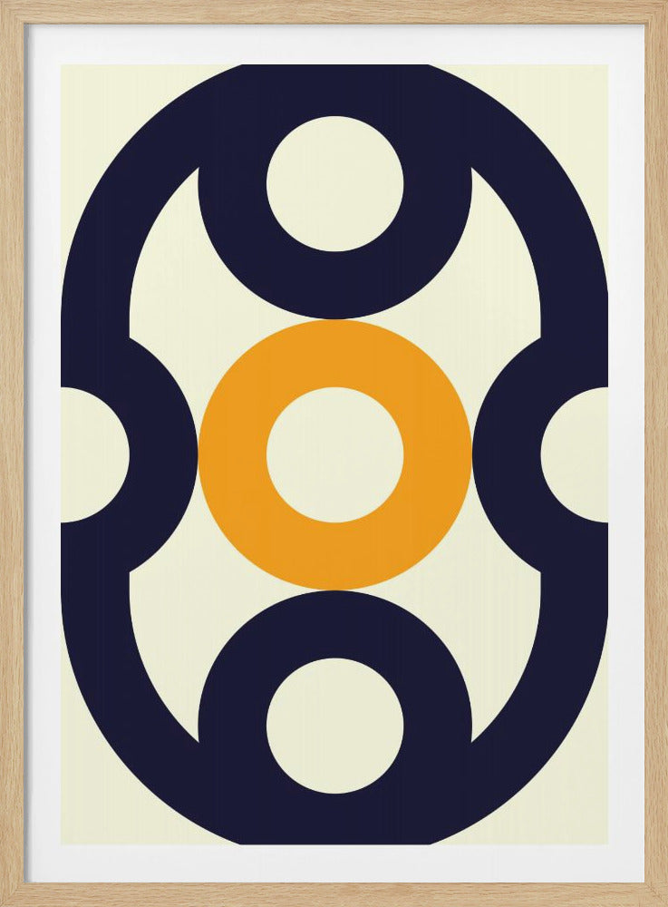 A framed abstract geometric print featuring a symmetrical pattern of interlocking dark blue circles and curves on an off-white background, with a prominent orange ring in the center. Wall Art