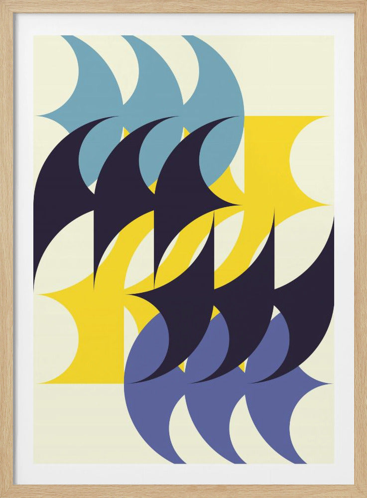 A vertical abstract art print in a black frame featuring a repeating pattern of sharp, crescent-like shapes against an off-white background. The shapes are organized in horizontal rows of color: light blue at the top, dark navy in the middle, and lavender blue at the bottom. A large, bold yellow geometric form cuts through the center, overlapping the other shapes. Poster