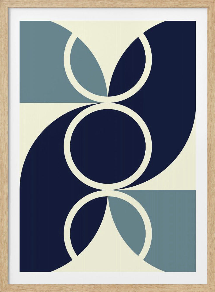 A vertical abstract geometric artwork featuring three stacked cream-colored rings. The background is composed of interlocking shapes in navy blue, light blue, and cream, creating a symmetrical and balanced composition. Poster