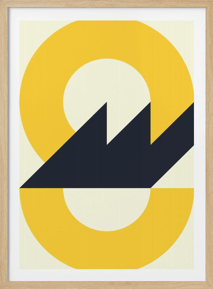 A minimalist geometric artwork in a black frame featuring a large yellow ring on a cream background. A navy blue shape resembling two mountain peaks is centrally placed, creating a bold and balanced abstract composition. Decor