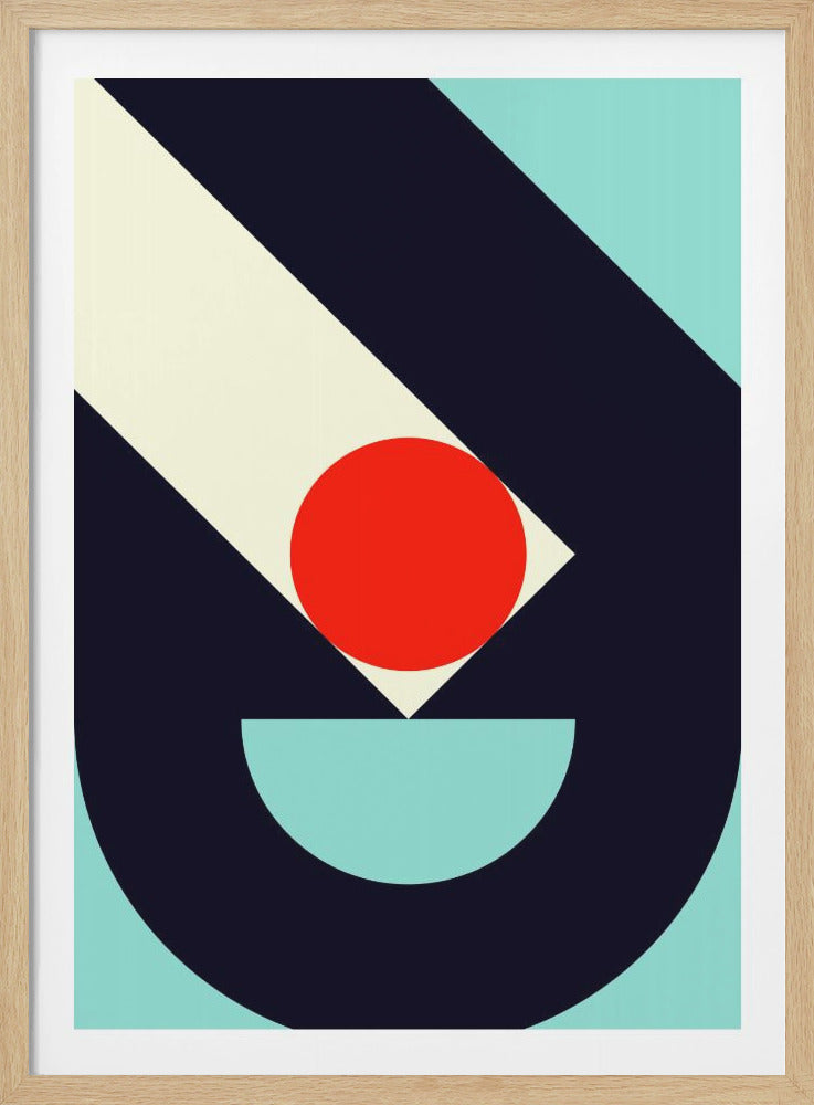 A framed abstract geometric artwork featuring a bold composition of navy blue, light blue, off-white, and red shapes. A central red circle sits atop a wide, diagonal off-white stripe and is nestled within curved and angular navy blue forms against a light blue background. Artwork
