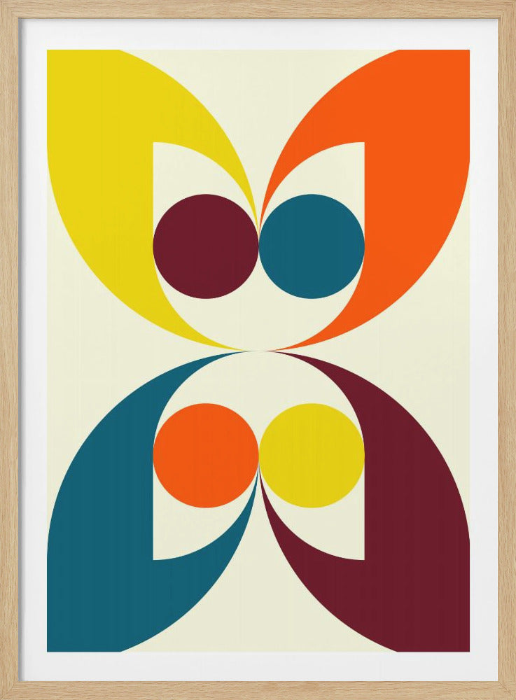 A framed abstract art piece with a symmetrical design. The top and bottom halves mirror each other, featuring colorful circles in burgundy, blue, orange, and yellow, surrounded by large, sweeping curved shapes in complementary colors against a cream background. Poster