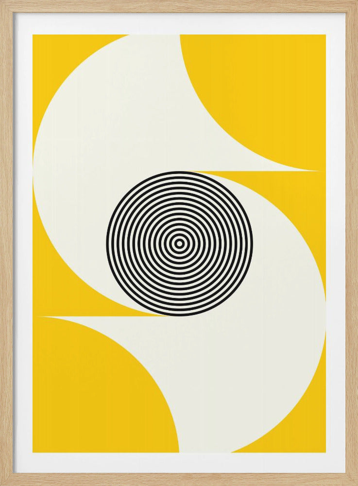 A modern abstract artwork featuring a bright yellow background with a large, curved, off-white S-shape. In the center, a black and white hypnotic pattern of concentric circles creates a strong focal point. Print