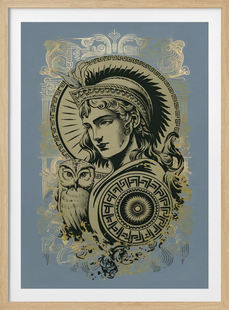 A stylized graphic illustration of the Greek goddess Athena against a muted blue background. Rendered in black and gold, she wears a plumed helmet and holds a patterned shield, with her symbolic owl perched beside her. Print