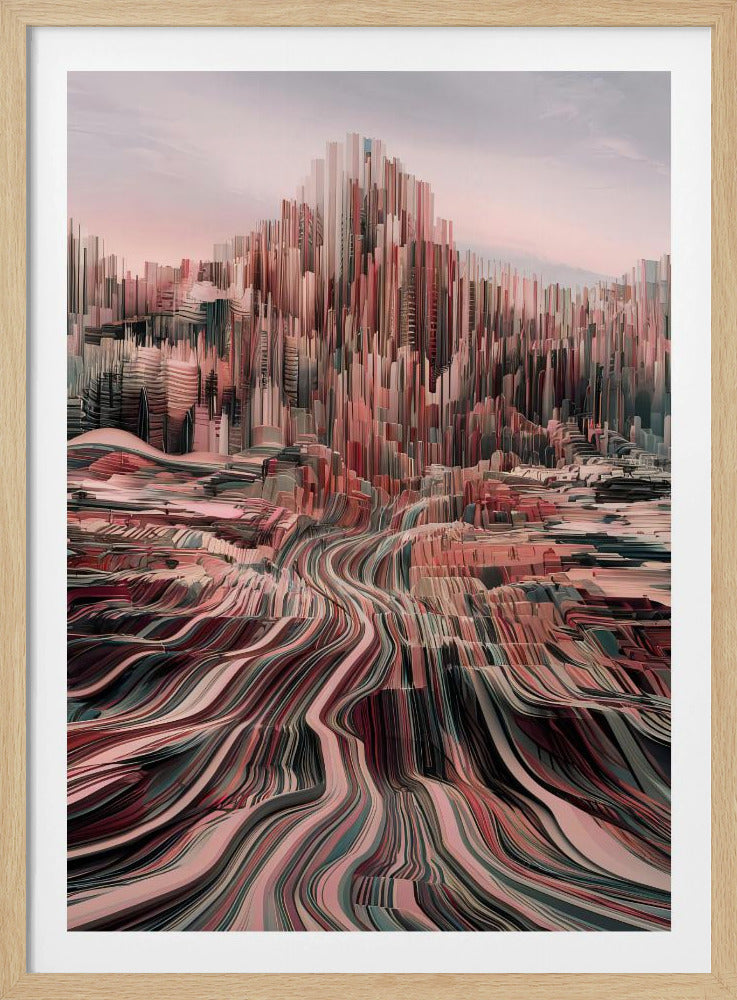 An abstract art print depicting a city skyline with geometric shapes and a modern color palette. Poster