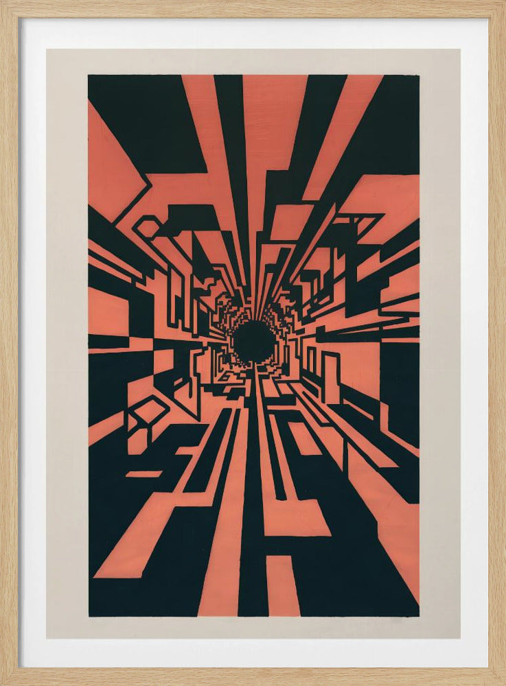 A high-contrast abstract artwork in coral pink and black, depicting a one-point perspective view down a complex geometric tunnel. Angular, blocky shapes create a futuristic corridor that recedes into a dark, circular vanishing point in the center, giving a strong sense of depth and motion. The piece is matted in white and framed in black. Print