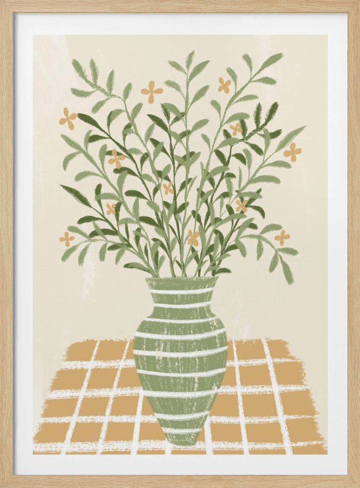 A stylized painting of a green vase with white horizontal stripes, filled with a large bouquet of leafy green stems and small orange flowers. The vase sits on a gold and white checkered tablecloth against a solid beige background. Poster