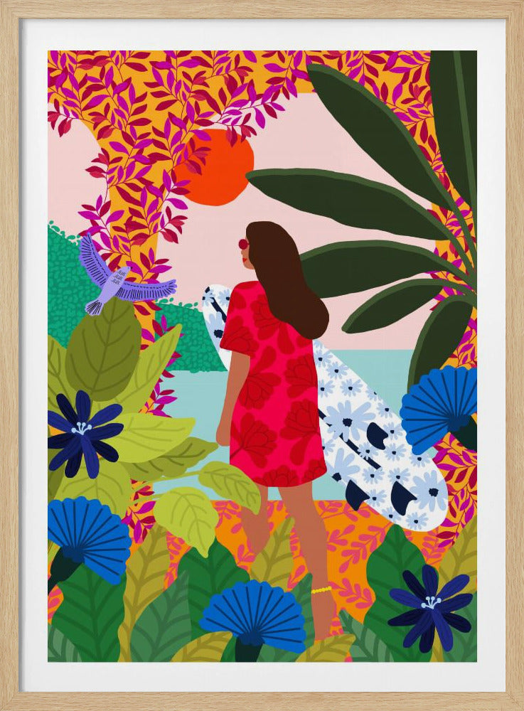 A vibrant, colorful illustration of a woman in a red dress carrying a floral surfboard, walking through a lush tropical jungle towards the ocean under a setting orange sun. Wall Art