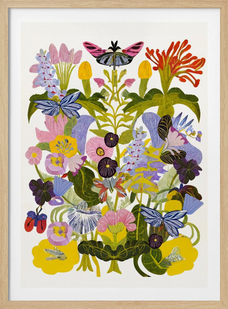 A vibrant, symmetrical collage-style artwork depicting a dense bouquet of colorful flowers and butterflies against a white background, enclosed in a black frame. The composition features a variety of stylized flowers in shades of pink, yellow, purple, and blue, with several blue and pink butterflies interspersed among the green foliage. Decor