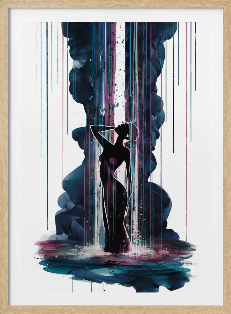 An abstract art piece featuring the black silhouette of an elegant woman standing in a pool of colorful watercolor. A large plume of dark blue smoke rises behind her, intersected by a bright white column of light and vibrant streaks of magenta and teal rain. Artwork